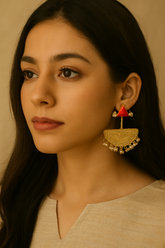 HERITAGE RED & GOLD DOME EARRINGS WITH PEARL  DROPS